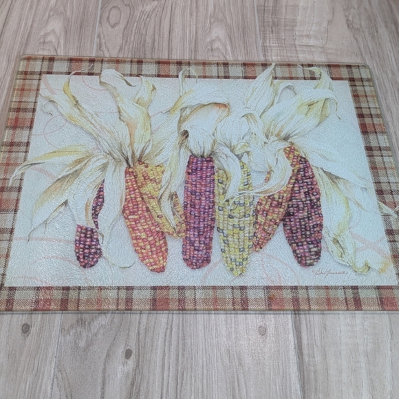Source Unknown Other - Glass Cutting Board VINTAGE Indian Corn Fall Design Artist Signed Gem Corn
